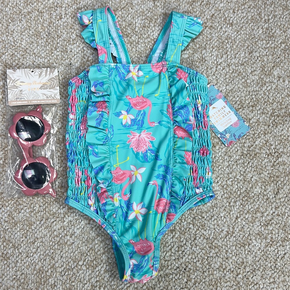 Tommy Bahama Flamingo One-Piece Swimsuit with Sunglasses